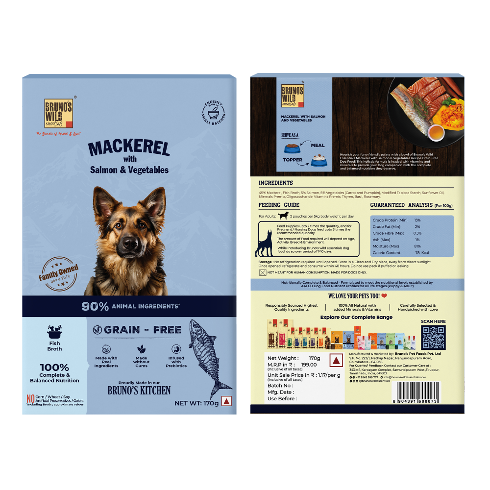 Bruno's Wild Essentials Grain Free Wet Dog Food Mackerel with Salmon & Vegetables in Gravy 170g