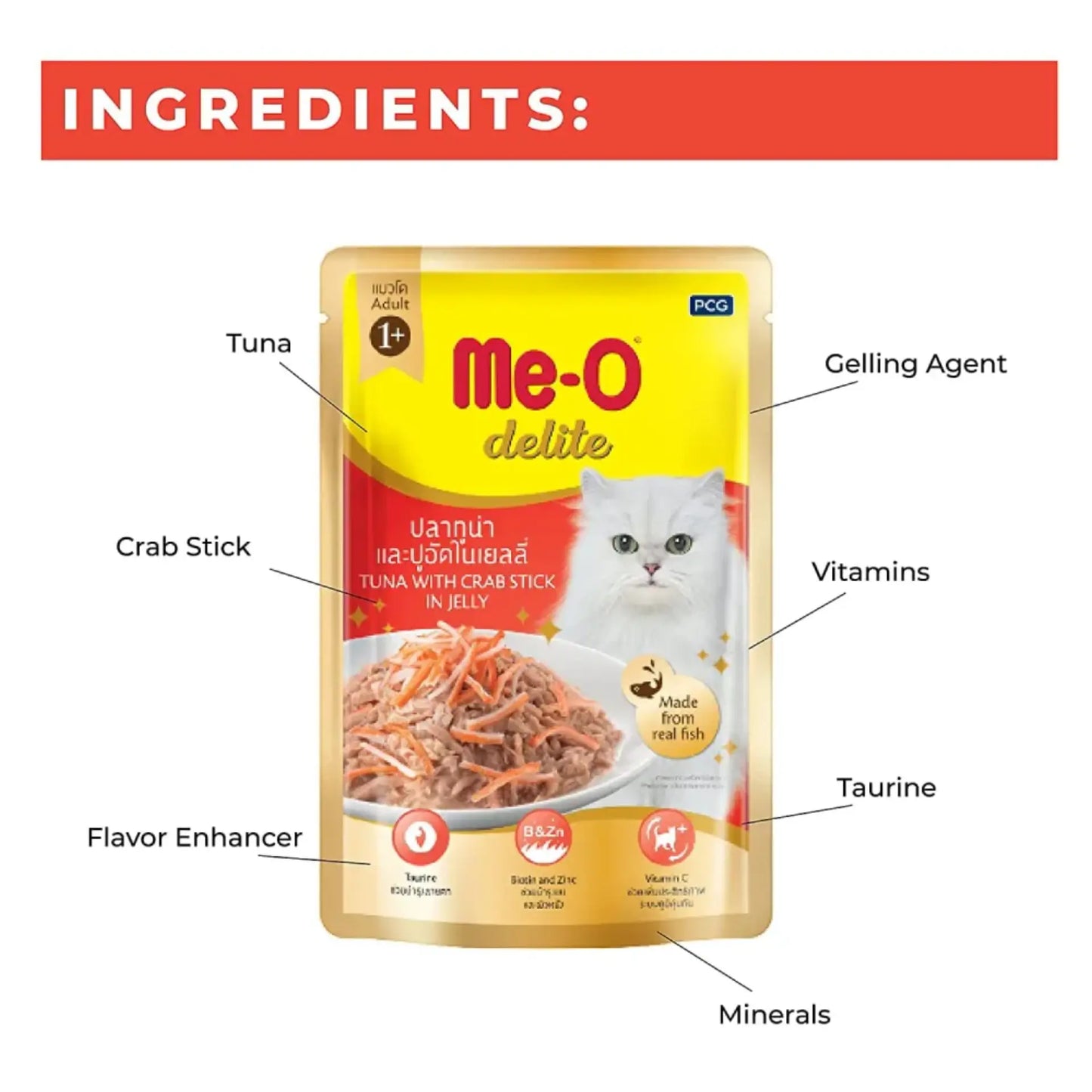 MeO Delite Tuna with Crab Sticks in Jelly Adult (+1 year) Wet Cat Food 70 Gm