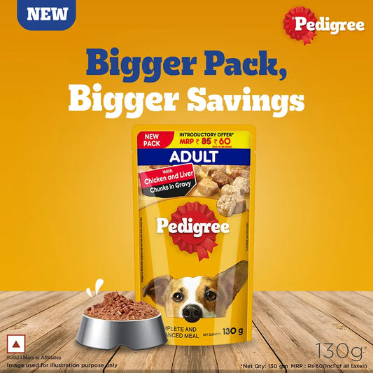 Pedigree Adult Wet Dog Food, Chicken & Liver Chunks in Gravy, Dog Wet Food (130g)