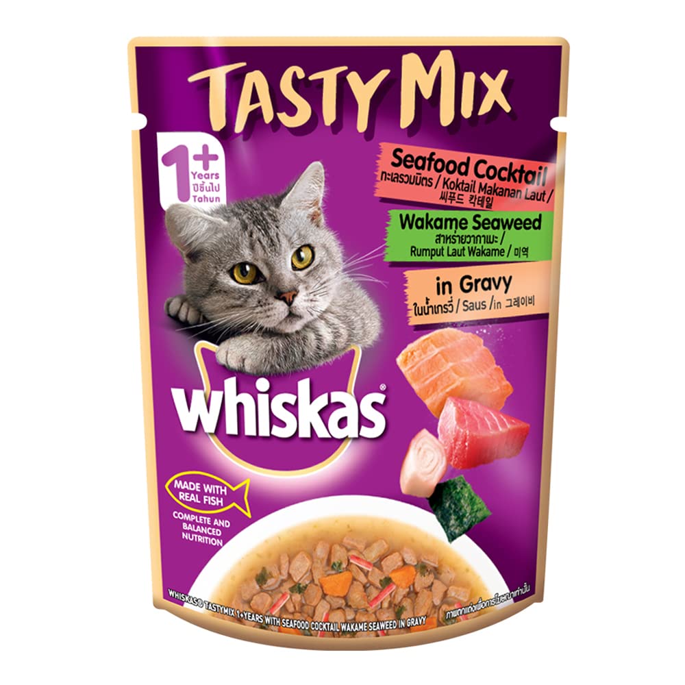 Whiskas Adult Tasty Mix Seafood Cocktail Wakame Seaweed in Gravy 70 GM