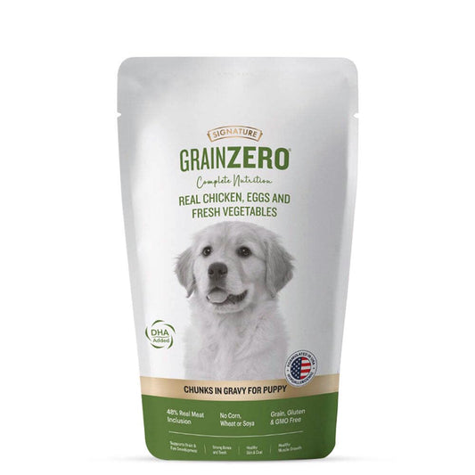 Signature Grain Zero Real Chicken, Eggs and Fresh Vegetables Chunks in Gravy Puppy Wet Food 150 gm